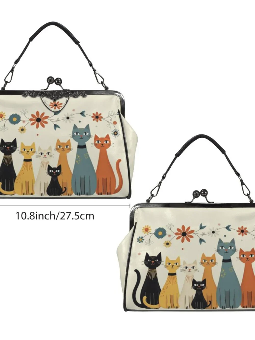 Retro Cat Group Kiss Lock Crossbody Shoulder Purse Waxed PU Leather Bag - Picture 8 of 9
